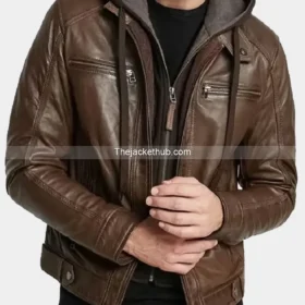 Eric Dark Brown Hooded Motorcycle Leather Jacket