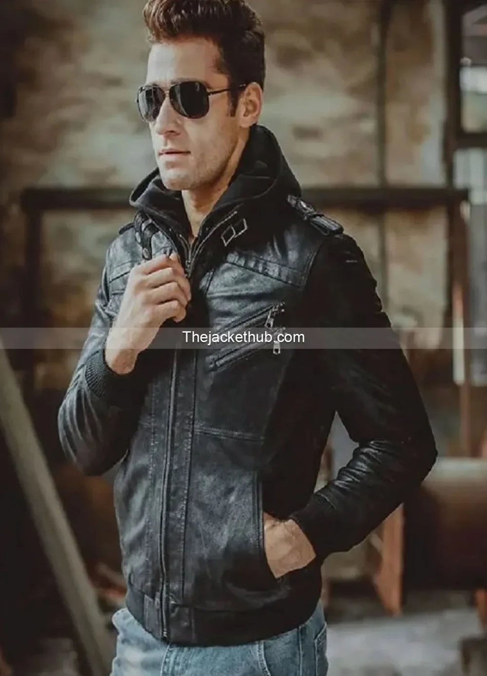 Men’s-Black-Bomber-Leather-Jacket-with-Hood