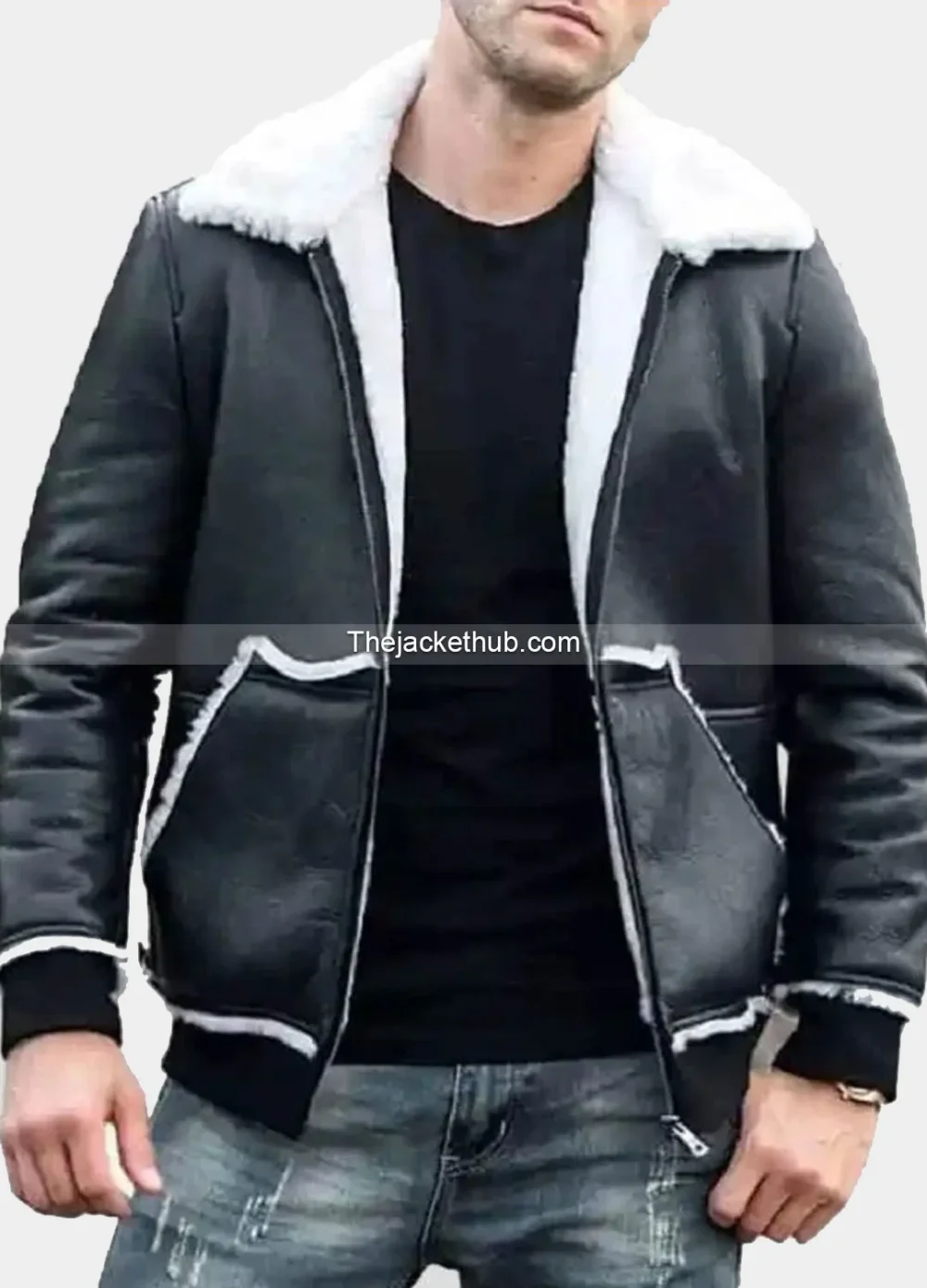 Men’s-Black-Leather-Shearling-Bomber-Jacket