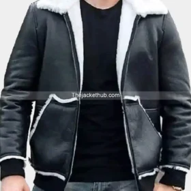 Men's Black Leather Shearling Bomber Jacket