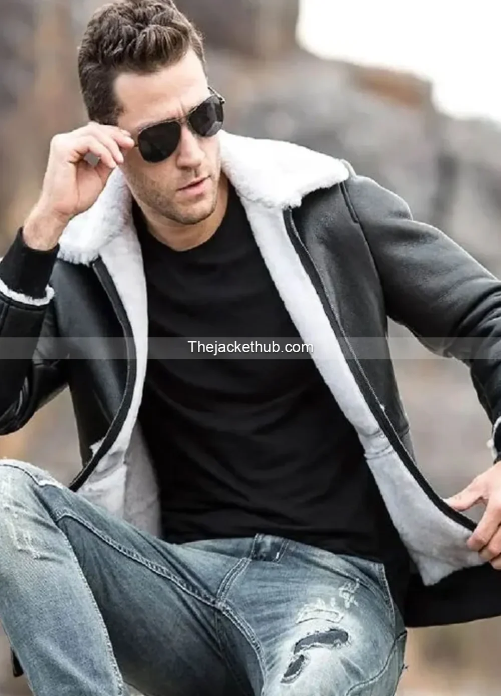 Men’s-Black-Leather-Shearling-Bomber-Jacket