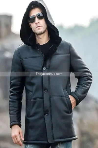 Men’s-Black-Shearling-Leather-Trench-Coat-with-Hood