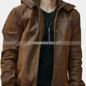 Men’s Motorcycle Bomber Leather Jacket With A Hood