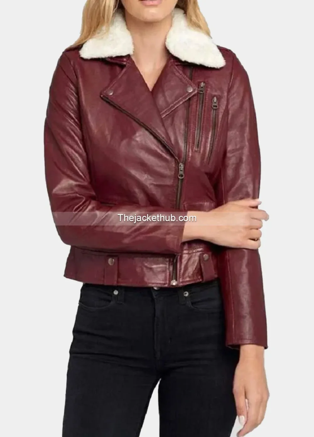 Women’s-Shearling-Fur-Collared-Maroon-Biker-Leather-Jacket