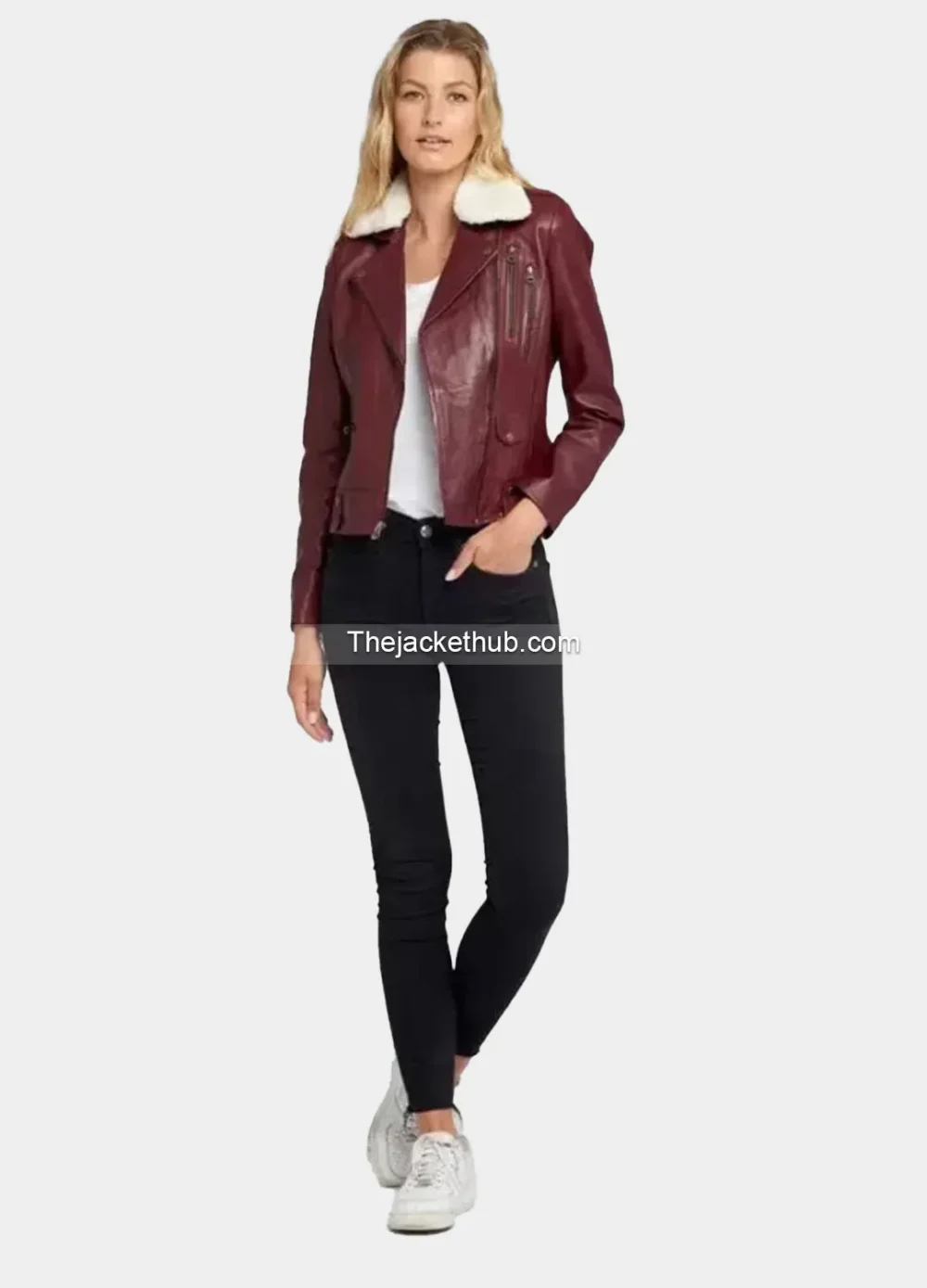Women’s-Shearling-Fur-Collared-Maroon-Biker-Leather-Jacket