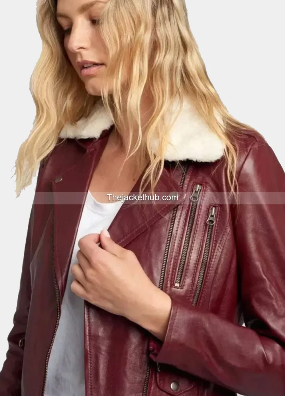 Women’s-Shearling-Fur-Collared-Maroon-Biker-Leather-Jacket