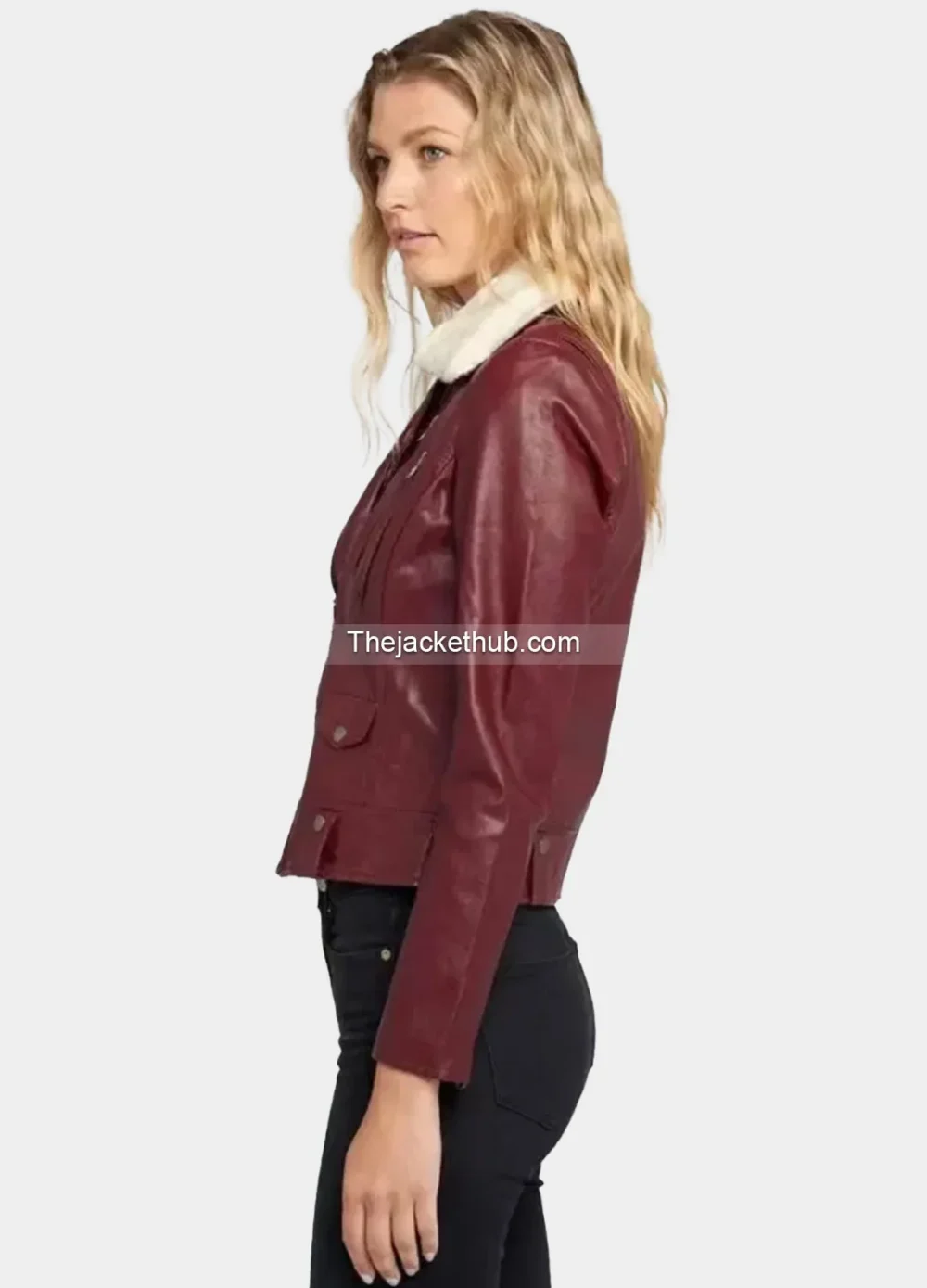 Women’s-Shearling-Fur-Collared-Maroon-Biker-Leather-Jacket