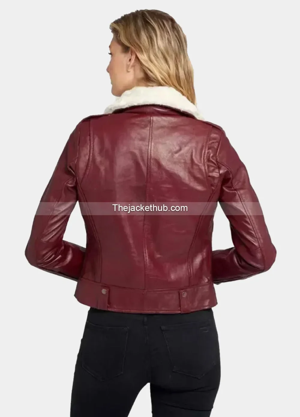Women’s-Shearling-Fur-Collared-Maroon-Biker-Leather-Jacket