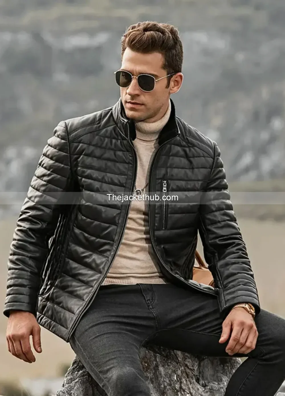 Seattle-Men’s-Leather-Puffer-Jacket-with-Fur-collar