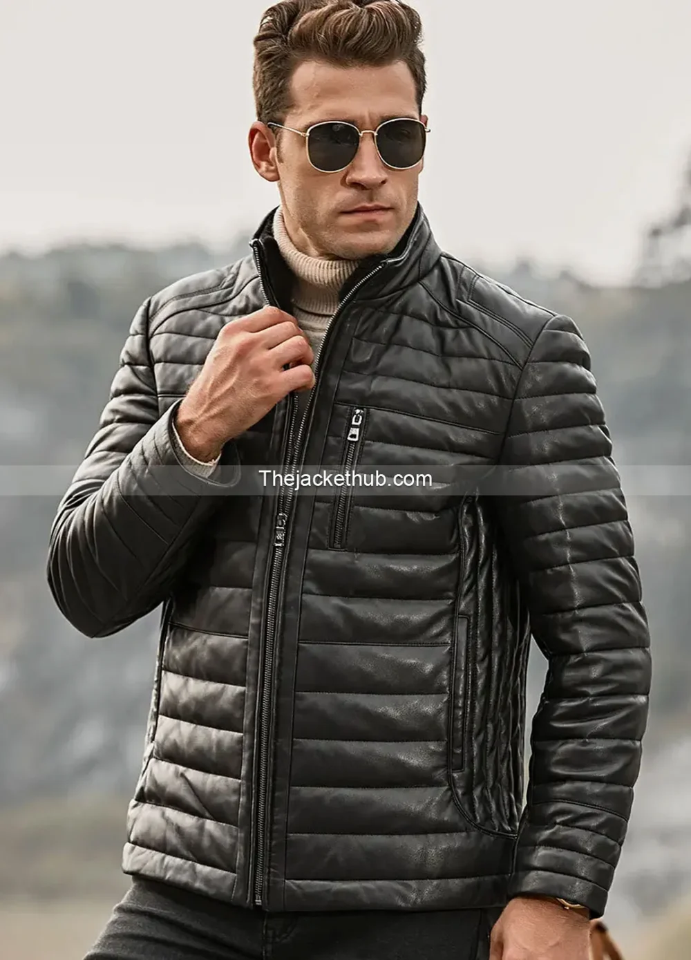 Seattle-Men’s-Leather-Puffer-Jacket-with-Fur-collar