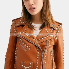Women’s Studded Tan Leather Biker Jacket